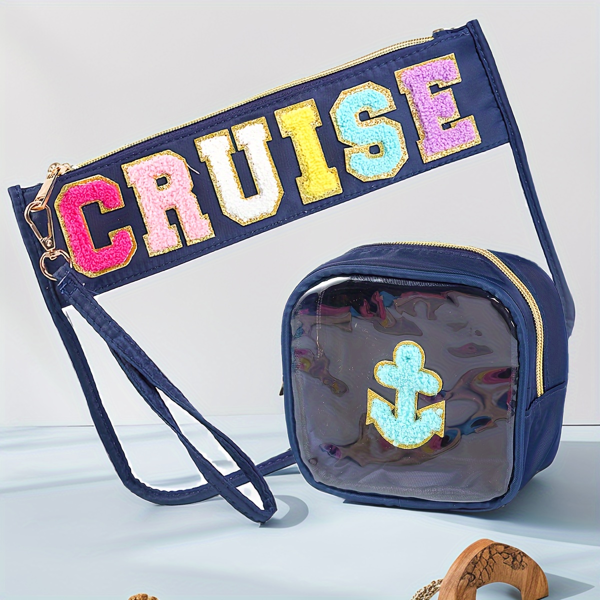 

1 Set Nylon Cosmetic Bag With Embroidered "cruise" Lettering, Transparent Pvc Pouch With , Zippered Organizer, Polyester Lined, Hand Wash/ Only