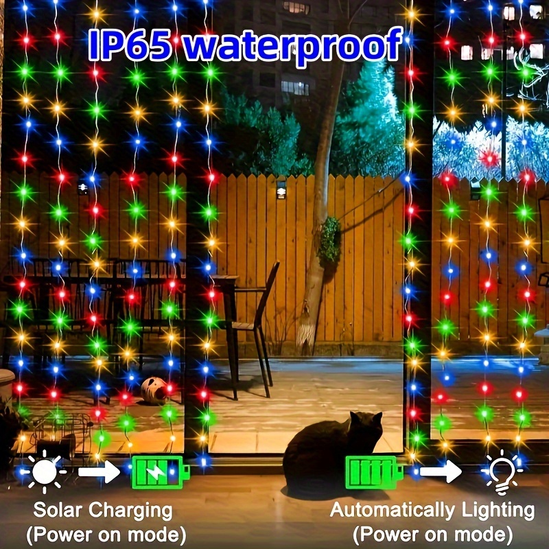 300/200 LED Solar Curtain Lights - 8 Lighting Modes, Fairy Tale Copper Wire Decor for Christmas, Weddings, Home & Garden, Outdoor 298.7cm x 298.7cm