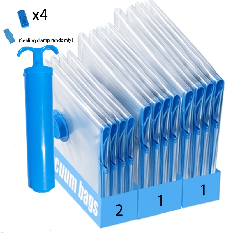 TEMU 9pcs Set - Includes 4 Random Sealing Clips, 2 Small, 1 Medium, 1 Large, And 1 Manual Air Pump. Extra-large, Thickened Vacuum Compression Storage