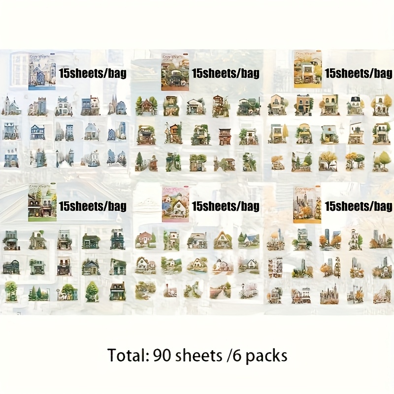 Image of 6packs, Small Town Time Series Stickers, Suitable For Multiple , Sticker Album Diary Decoration, Mobile Phone Case Water Cup Sticker Notebook Additions Garbage Diary Decoration Stickers, Supplies