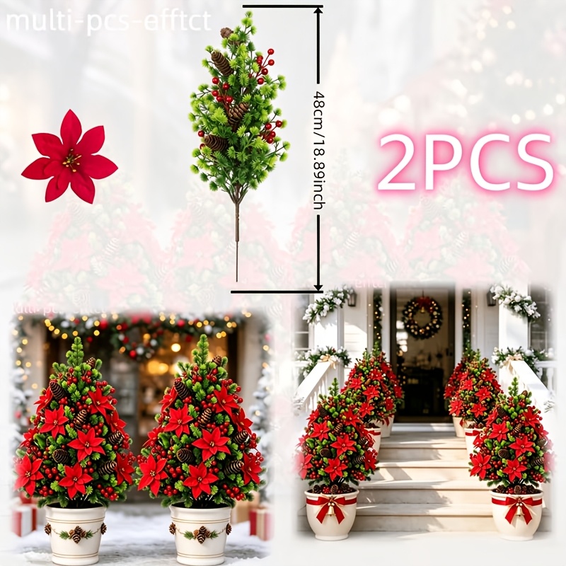 TEMU Ensemble de 2 de Noël avec poinsettia, arbre artificiel pour rehausser la beauté du jardin, grand arbre à boules simulé en cèdre surmonté de