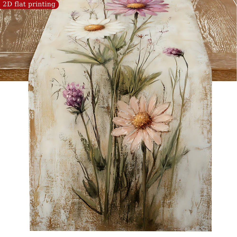 E-shop Lebendiger Tischläufer mit Blumenmuster - Natürliches, elegantes Wildblumen-Design, Polyestergewebe, für Frühlings- und Sommerdekoration,