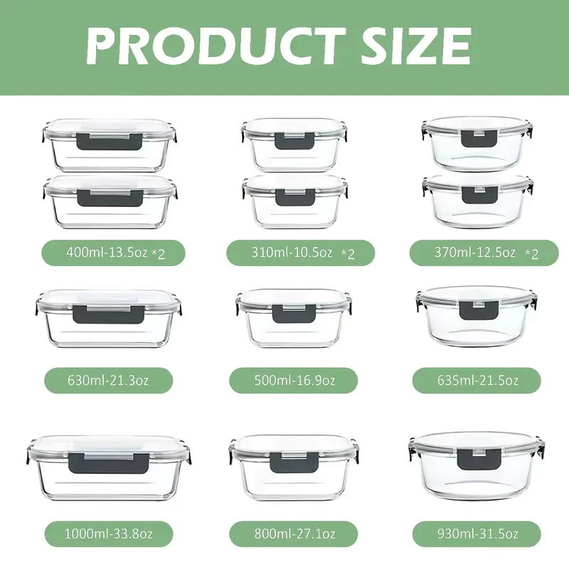 24pcs glass food storage container set with snap lock lids stackable airtight glass storage containers glass lunch box set ideal for lunch food storage meal prep microwave oven freezer safe dishwasher safe for black Product details 4