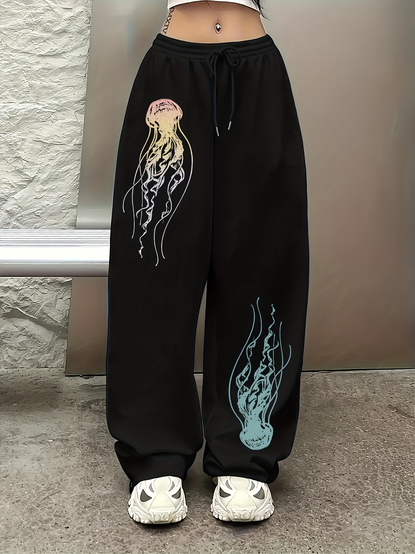 womens trendy straight leg joggers jellyfish print black - Temu