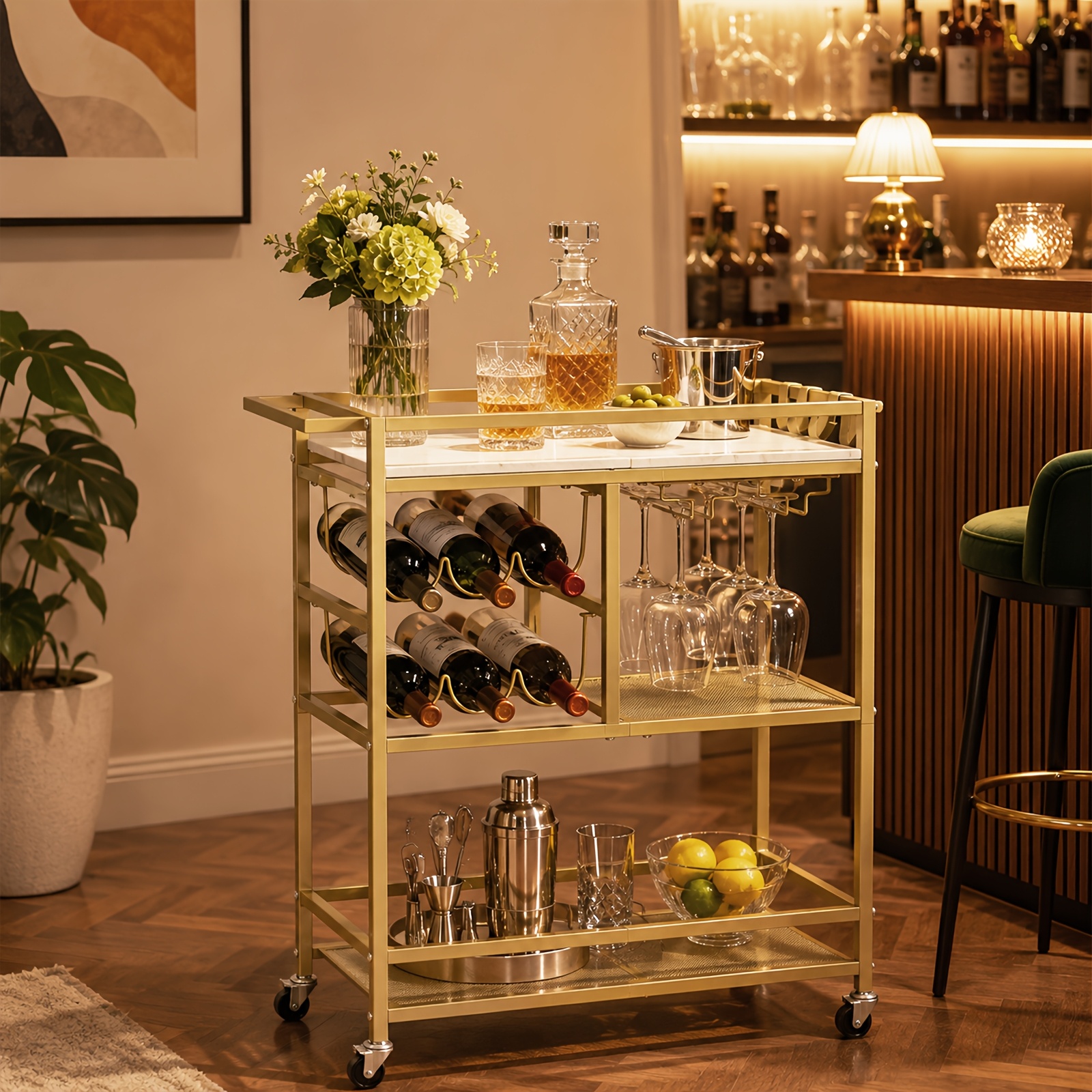 Image of Home Bar Cart With , Featuring Wheels And Handles, A Beverage Cart With A Wine Rack And Glass Holder, Suitable For Kitchen And Dining Room Use, In Golden Color
