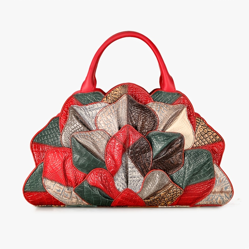 [Genuine Leather Satchel] Genuine Leather Satchel Handbag - Cobbler Legend Wo's Handmade Top Layer Cowhide with Lotus Flower & Crocodile Texture Design, Detachable Strap, Zipper Closure, Vibrant Color Block for Casual & Formal Occasions