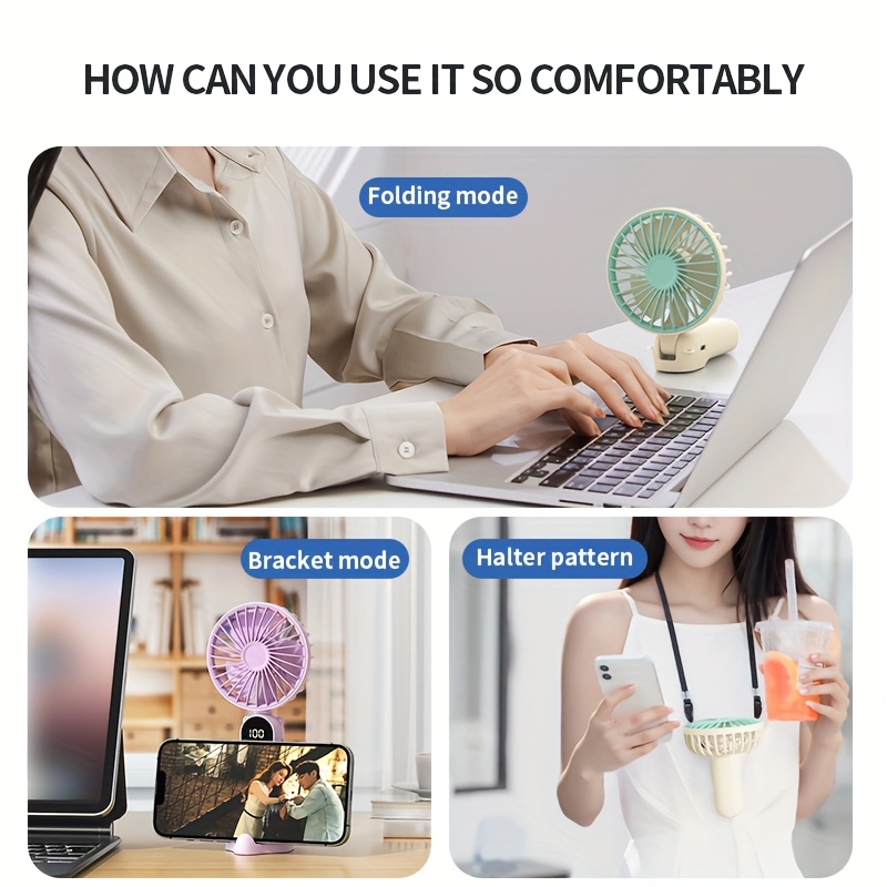 mini portable usb fan with 6 display foldable 3 in 1 handheld neck and desktop fan for travel beach and outdoor use rechargeable lithium battery travel essentials modern aesthetic portable fans Product details 6