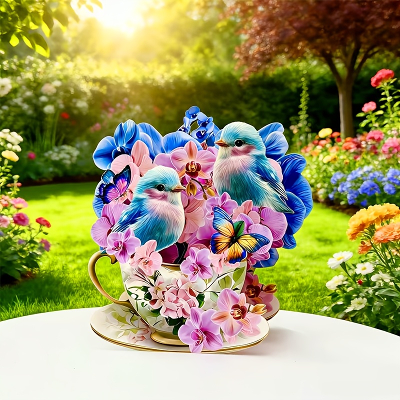 TEMU 3d Bluebird Greeting Card With Teacup Design - Bluebird And Floral Accents, Suitable For Birthdays, Christmas, Mother's Day, Valentine's Day,