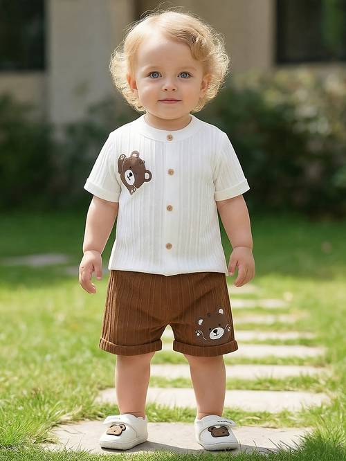 baby boy wave stripe pants set summer new bear positioning print short sleeved cardigan shirt elastic waist folded trouser legs shorts casual clothing for outdoor