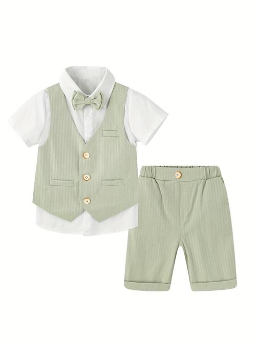 boys elegant white vest and shorts suit with bow tie sleeveless button up waistcoat and elastic waist shorts for weddings birthdays performances formal and casual occasions performance attire nonstretch fabric