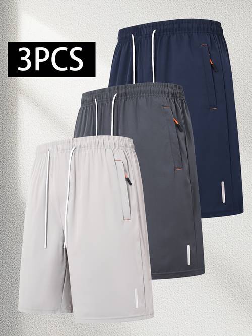 A Set of 3 Men'S Summer Drawstring Casual Sports Shorts with Zippered Pockets - Made from Breathable Fabric, Quick-Drying And Comfortable - Ideal for Outdoor Sports, Running