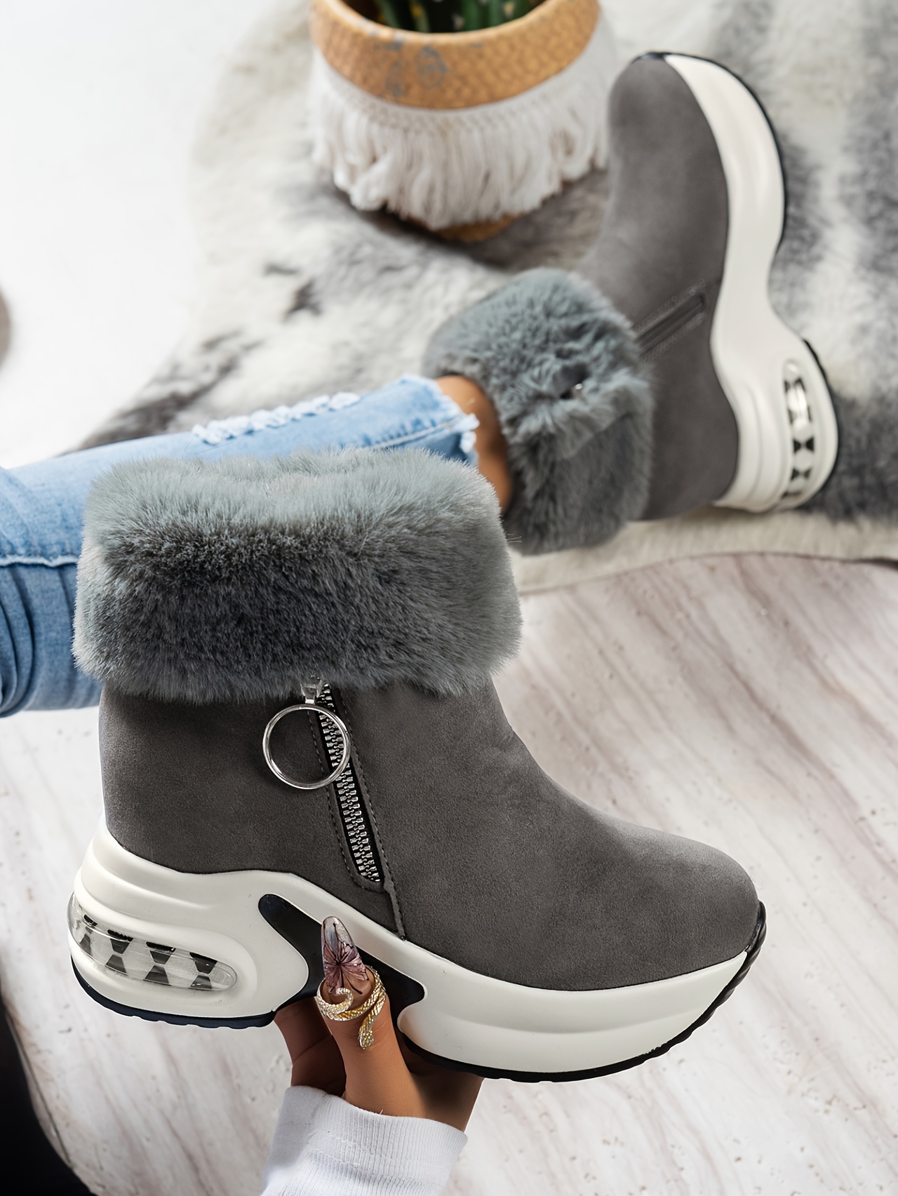 Fur Lined Gray Shoe Booties Womens Winter Plush Lined Platform