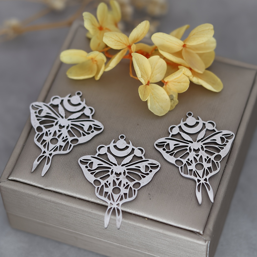 Image of 3pcs Insect Charms Moth Cicada Stainless Steel Pendant Fit Earrings Necklace Jewelry Making Accessory