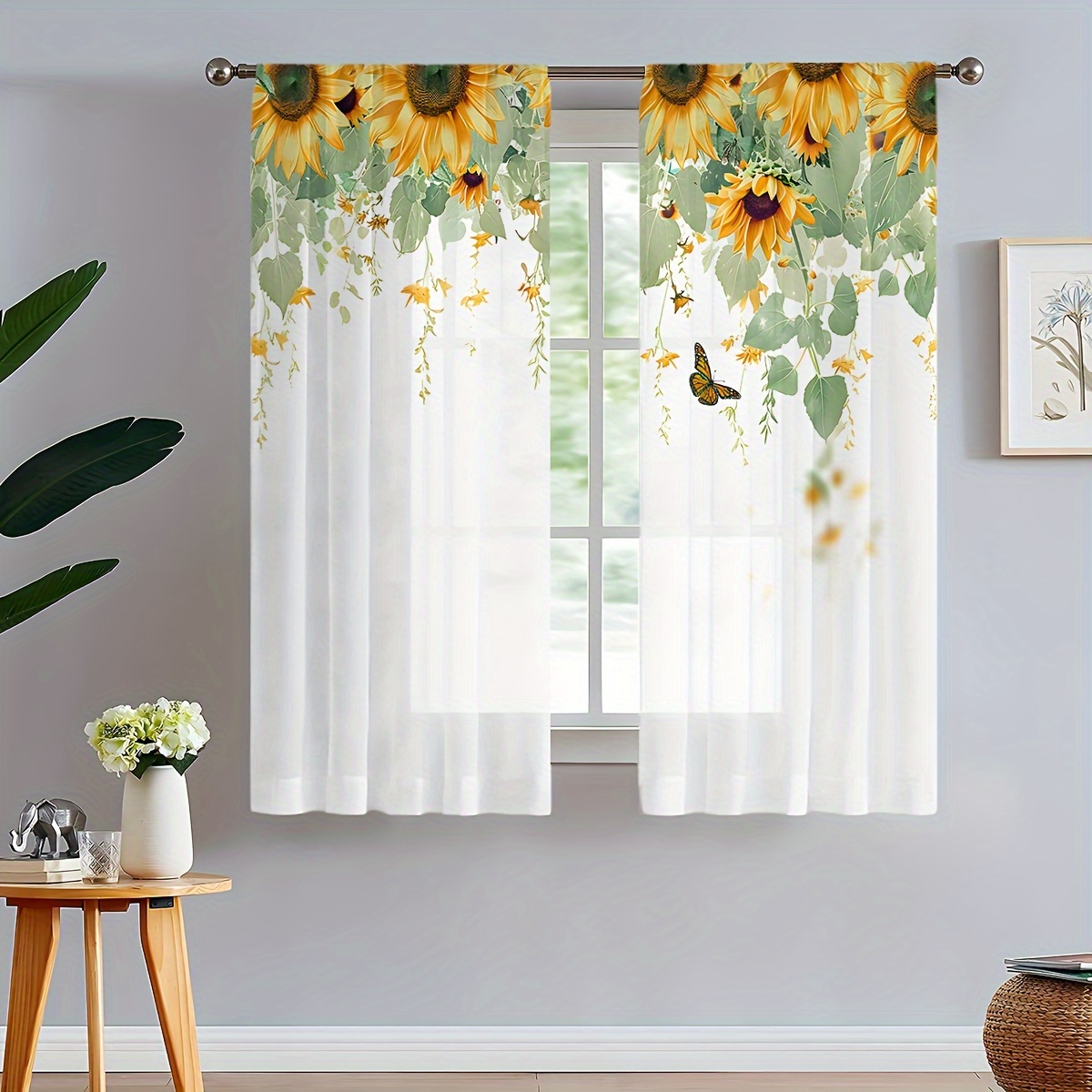

2pcs Sunflower Print Sheer Curtains, Rod Pockets Decorative Curtains, For Bedroom Living Room, Home Decoration, Room Decoration