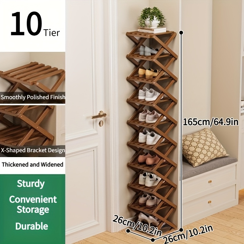 Image of 1pc Brown Foldable Easy Narrow Doorway Shoe Rack Small Space Small Size Storage Rack Narrow Shoe Cabinet, High Cost Performance, Bamboo Material Beautiful And Durable Strong Bearing