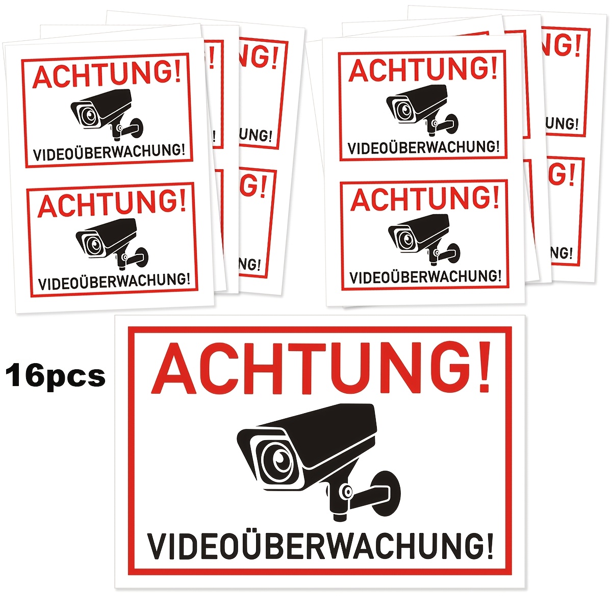 Image of 16pcs Video Surveillance Warning Stickers, German Video Surveillance Stickers, To , Office Entrances, Mailboxes, Windows, Garages, Door Signs, And Other , 2.95x1.97 Inches