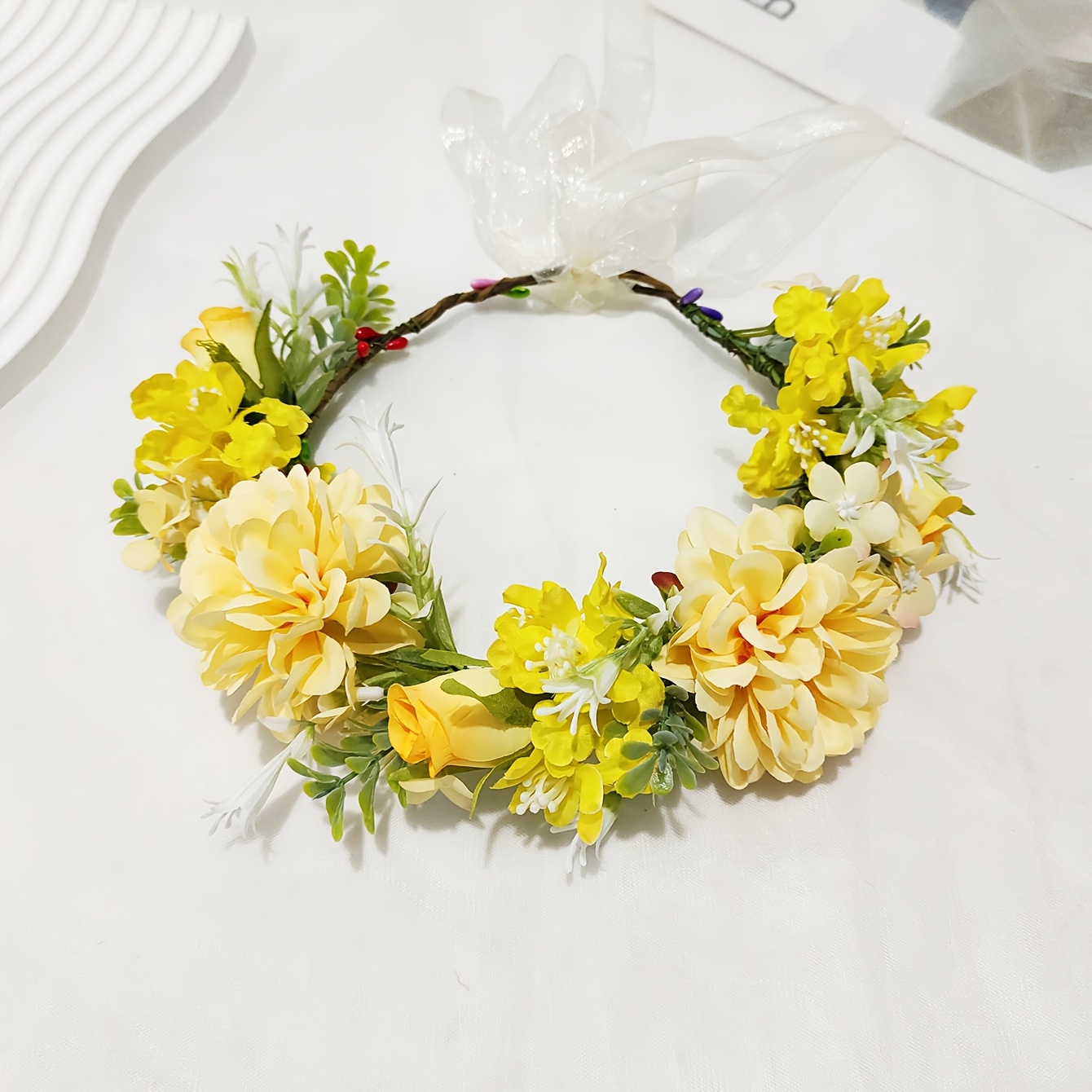 Image of 1pc Wedding Simulation Flower Bridal Garland Headband Adjustable Size Style Headdress Daily Matching Vacation Photo Hair Additions