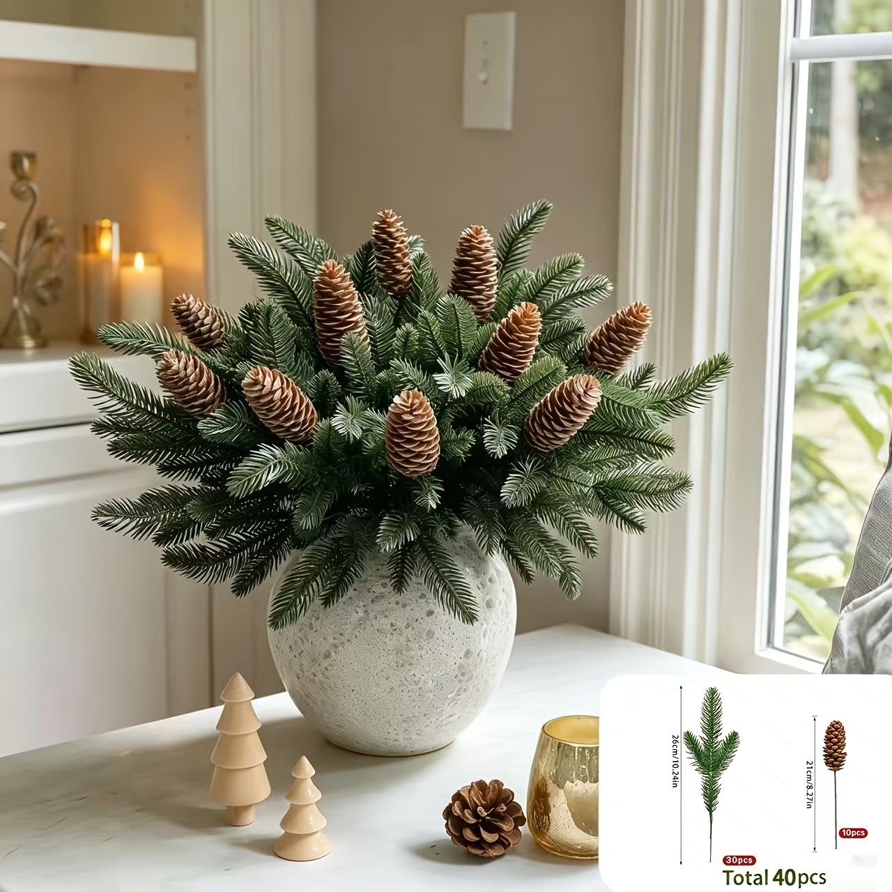 Image of 40pcs Artificial Pine Branches Norfolk Stem With Pine Cones
