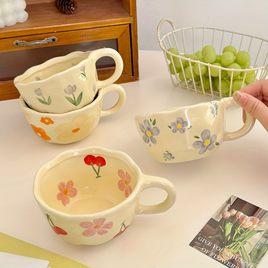 4pcs 1 set of cups 8 5oz hot selling ceramic cups tulip cups cherry small flower mugs matcha tea cup oatmeal cups breakfast cups coffee cups flower tea cup birthday gifts christmas halloween or caf e use reusabl Product details 0