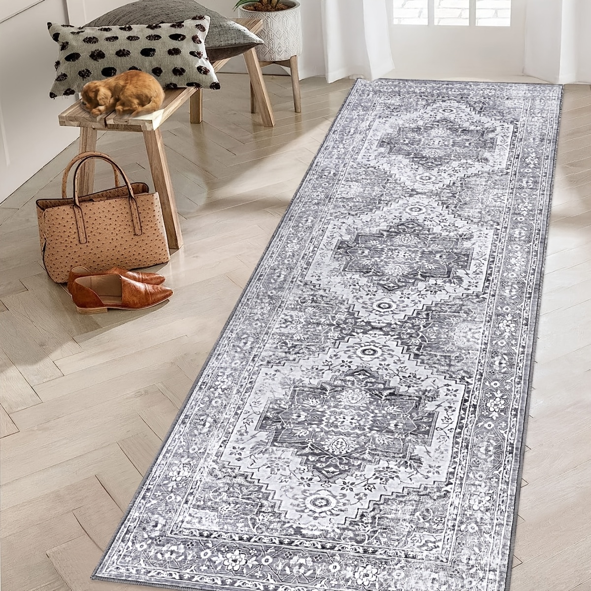 Image of Washable Area Rug Oriental Rug Medallion Rugs Vintage Floor Mat, Large Rug Non-slip Bohemian Printed Non-shedding Carpet For Dining Room