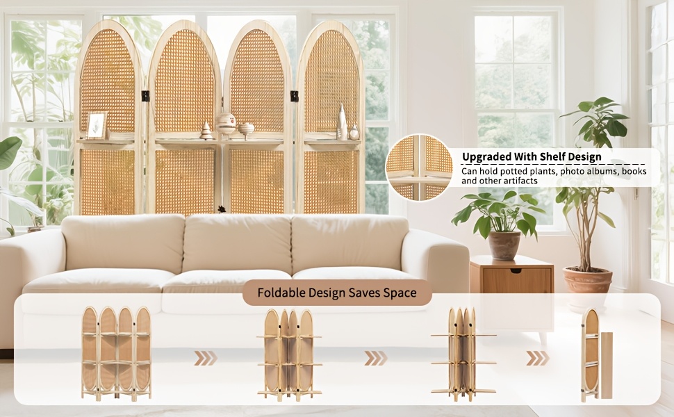 Four-Panel Wooden Room Divider, Collapsible with a Hand-Woven Rattan Privacy Screen - Room Partitions Featuring Three Display Shelves, Ideal for Home, Office, Study, Or Art Exhibitions