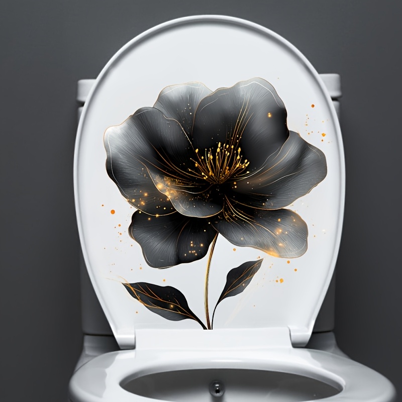 1pc Blooming Black Flowers Golden Bathroom Decorative Toilet Decal, Refrigerator, Door, Wall Background Decorative Wall Decal