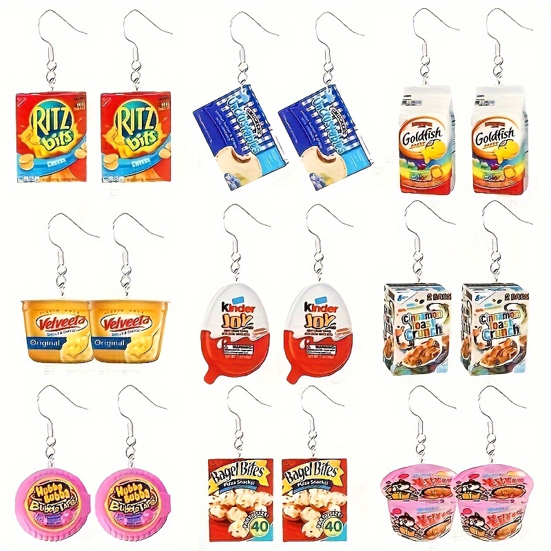 

9 Pairs Novelty Snack-themed Acrylic Drop & Dangle Earrings, Assorted , Vintage Cute Style, Alloy Ear Needle, No Plating, Daily & Party Wear Accessories - All Seasons Compatible