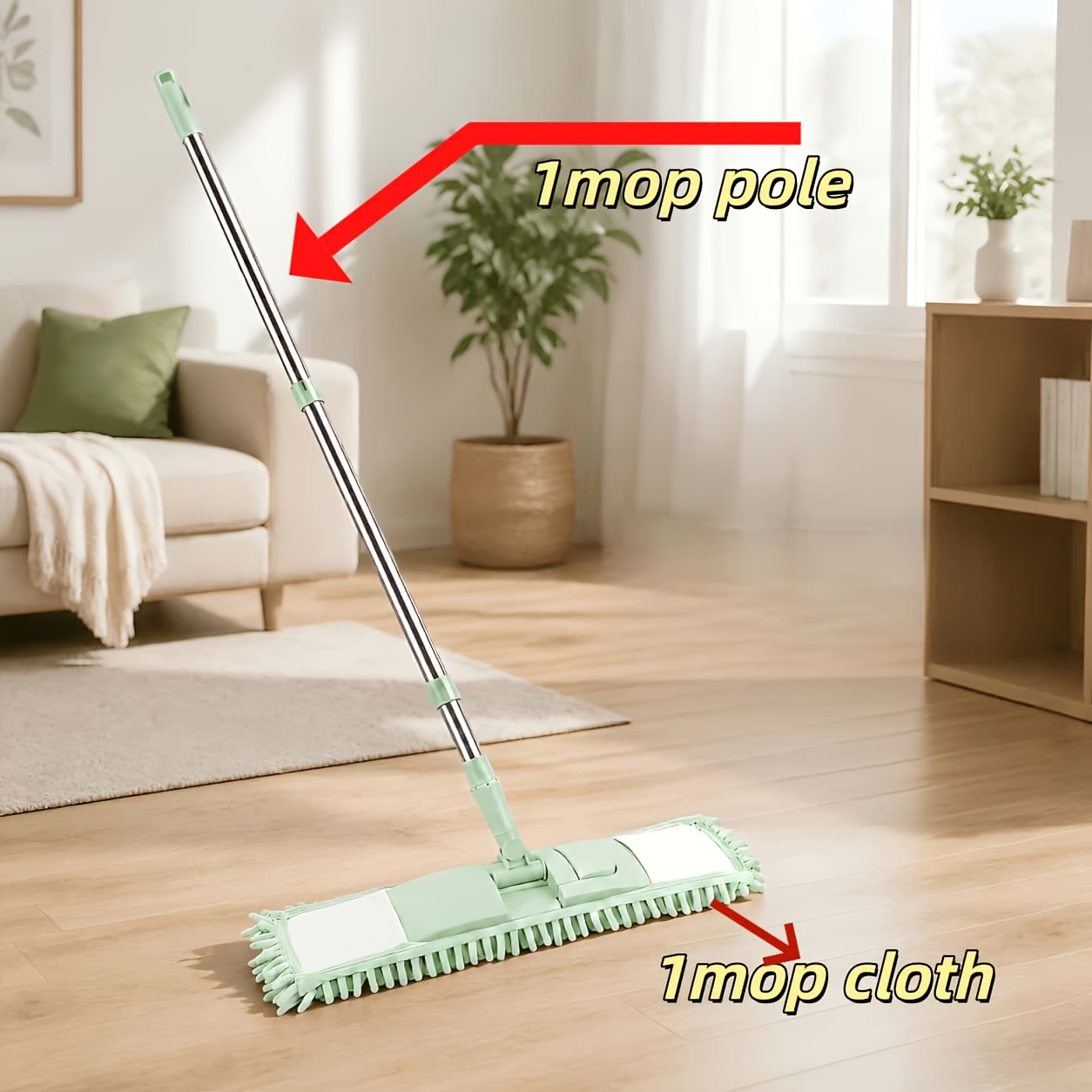 TEMU Multi-functional Wet And Dry Mop, Green, 1 Mop + 1 Chenille Replacement Pad, 360° Rotatable Wet And Dry Mop With Adjustable Length, For Cleaning