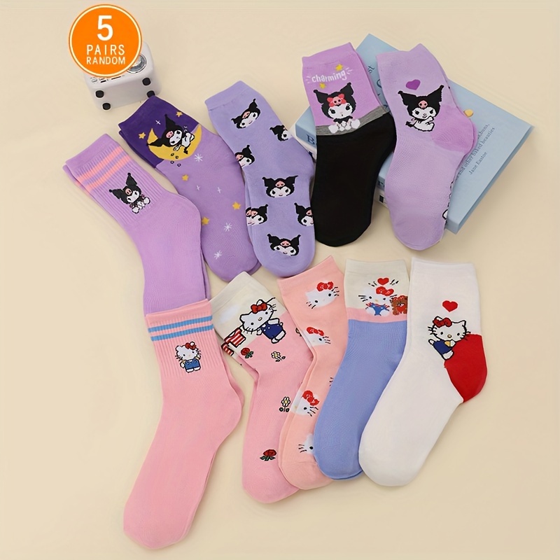 

5 Pairs Hello Kitty Kuromi Socks, Cute Japanese Style Mid Tube Socks, Women's Stockings & Hosiery