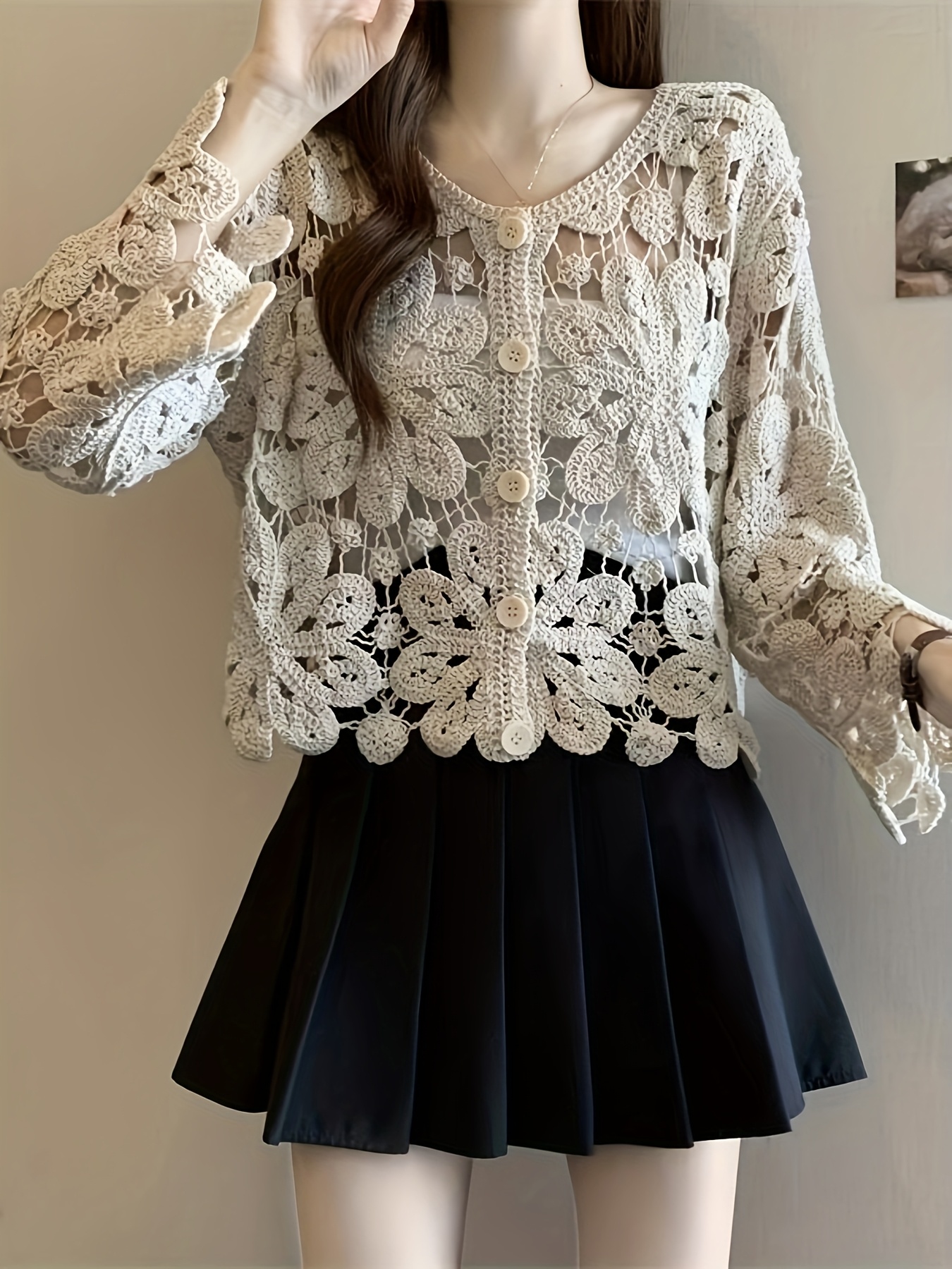 elegant bohemian crochet cardigan women long sleeve button Temu