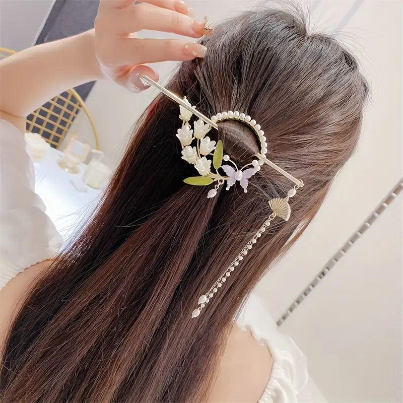elegant chinese style floral hairpin with tassel elegant hair accessory for women traditional cheongsam and hanfu outfits pearl and leaf design hair accessories for women cheongsam hairstyle cheongsam style intricate   Product details 4