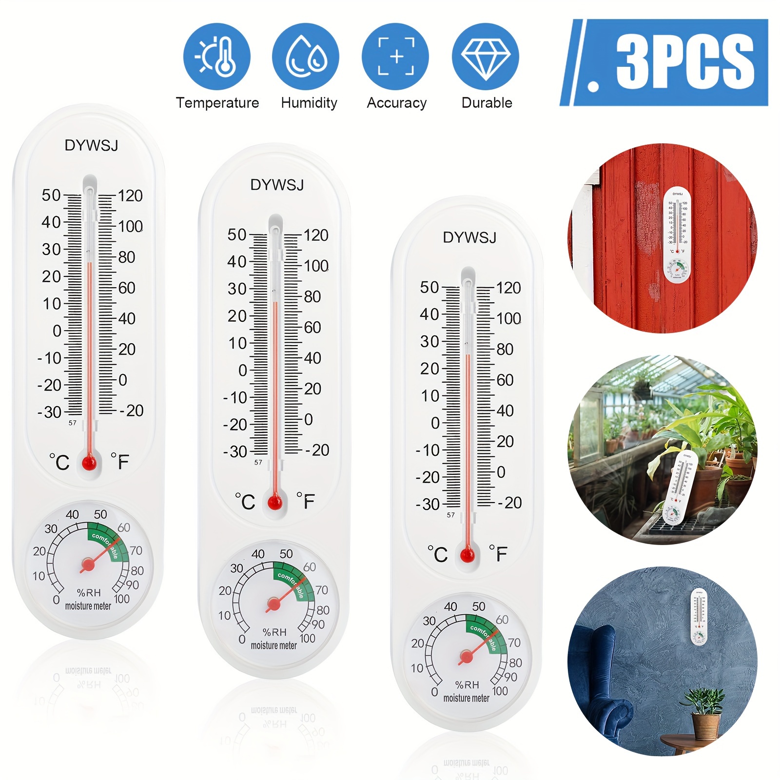 

3pcs Thermometer Hygrometer Indoor Outdoor Wall Mounted For Garden Greenhouse Garage Office Home Humidity Meter