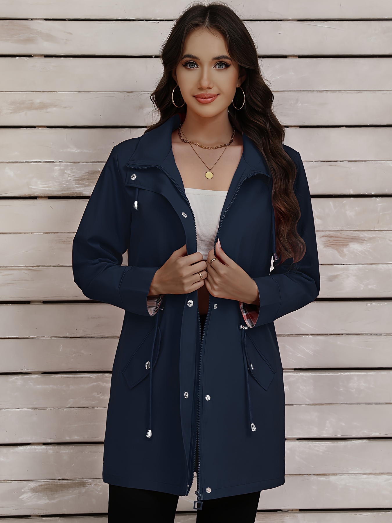 womens long sleeve hooded drawstring waist pockets zipper jacket womens outdoor wear clothing