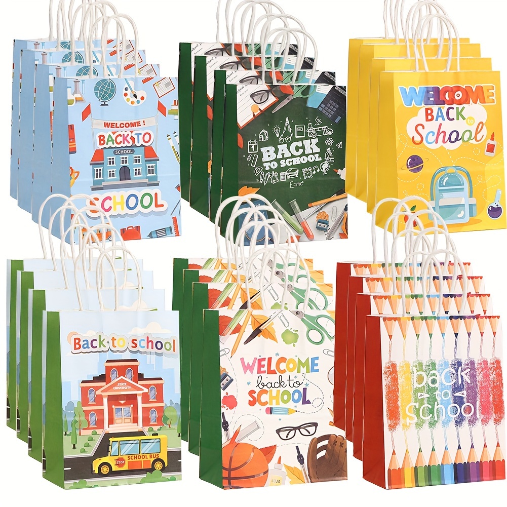 

24-piece Colorful Pencil & Flag Design Kraft Paper Gift Bags With Handles - Perfect For Back To School, Classroom Party Favors & Candy Treats