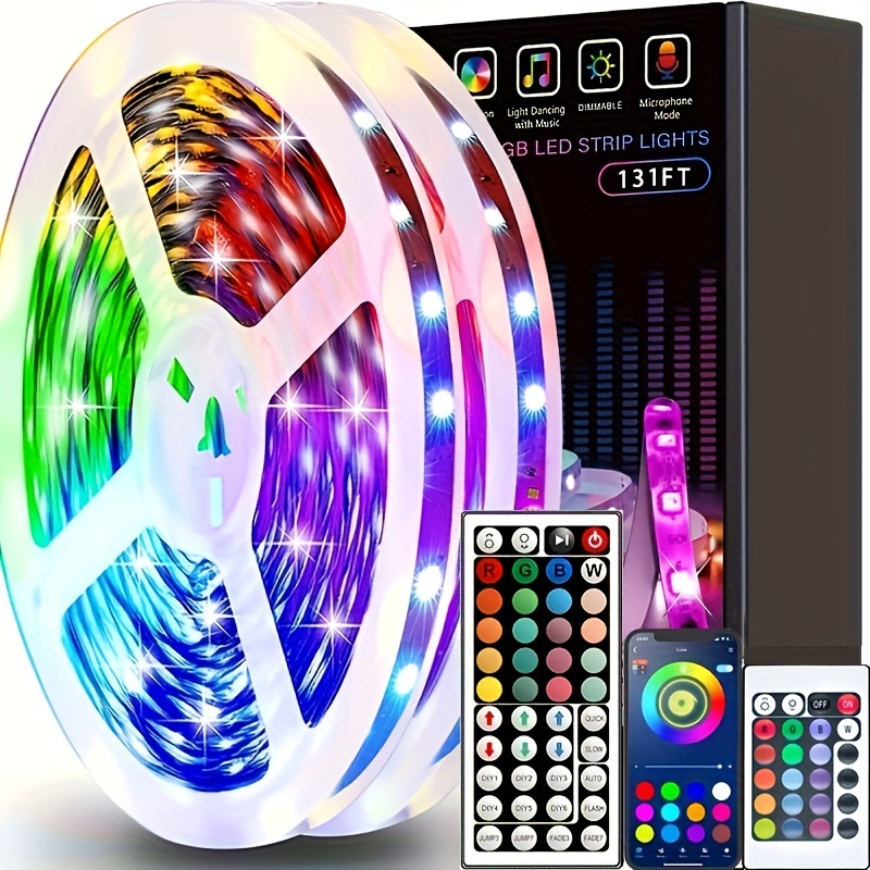  Tira de luces LED, tira de luz LED RGB de 16.4 pies, 5050 luces  de cinta LED, tira de luces LED que cambian de color con control remoto  para el hogar