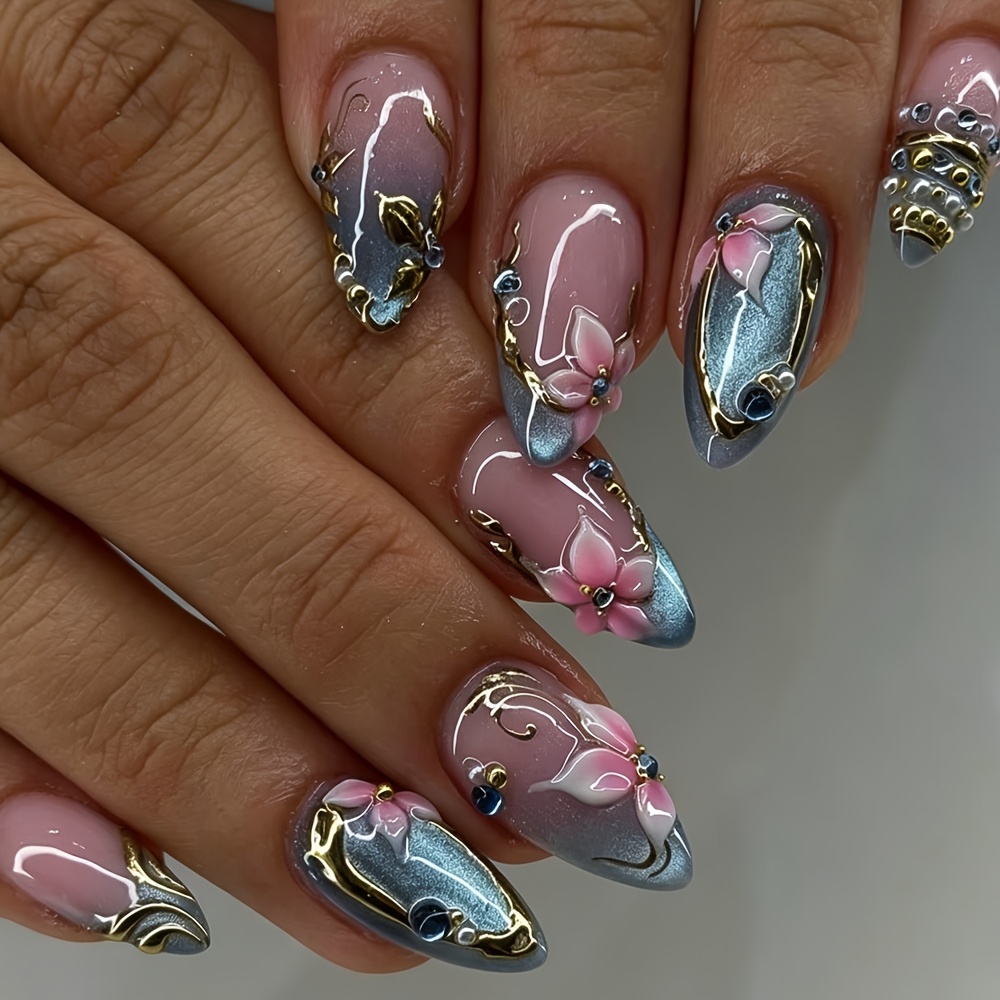 TEMU 10pcs Danartlux Almond Press On Nails Suitable For Women - Pink & Blue Cat Eye Gradient With 3d Rhinestone & Tips, Full Cover Reusable Fake
