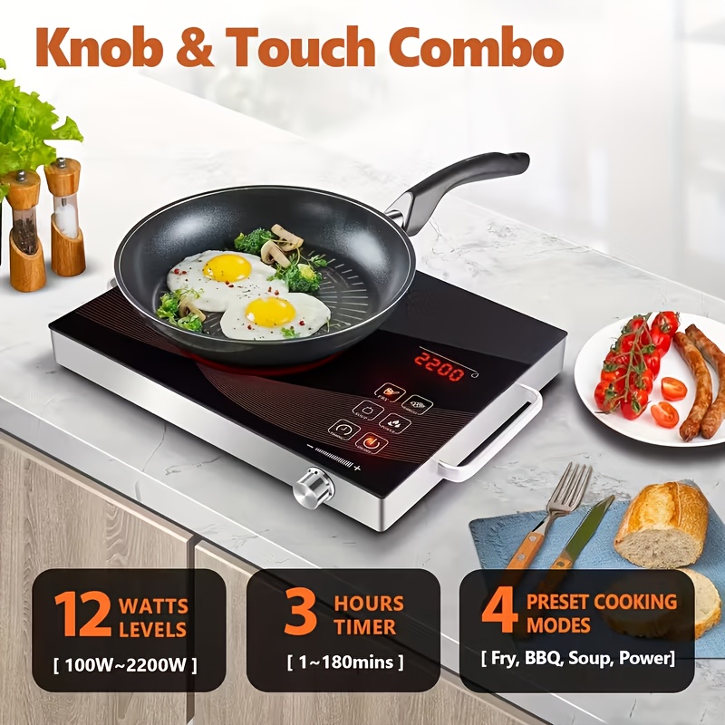 TEMU Portable Electric Stove, 110v Electric Burner With Carry Handle Hot Plate, Ceramic Infrared Single Burner Cooktop, Touch & Knob Control Timer, Safety Lock