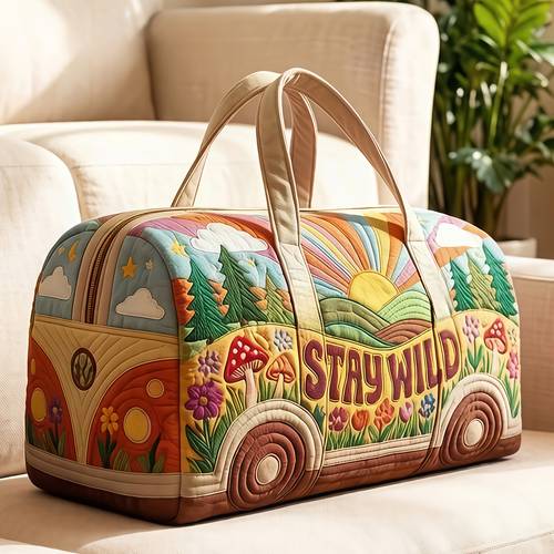 bohemian vintage bus print travel tote bag featuring full coverage natural scenery and wild slogan vibrant with a a large capacity tote style suitable for short trips gym workouts or as a garment storage bag