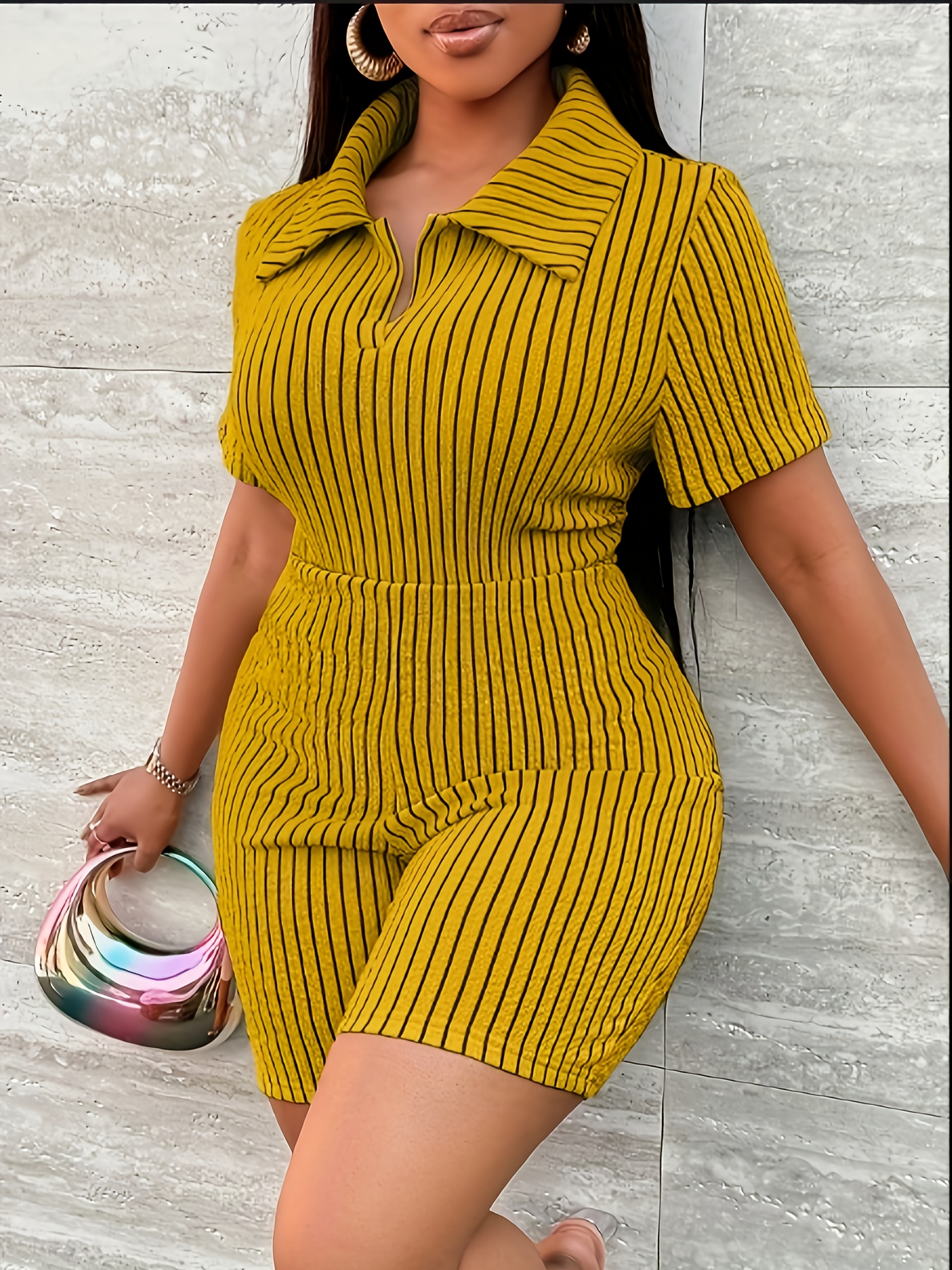 plus size plus size women's yellow white striped v neck Temu Oman
