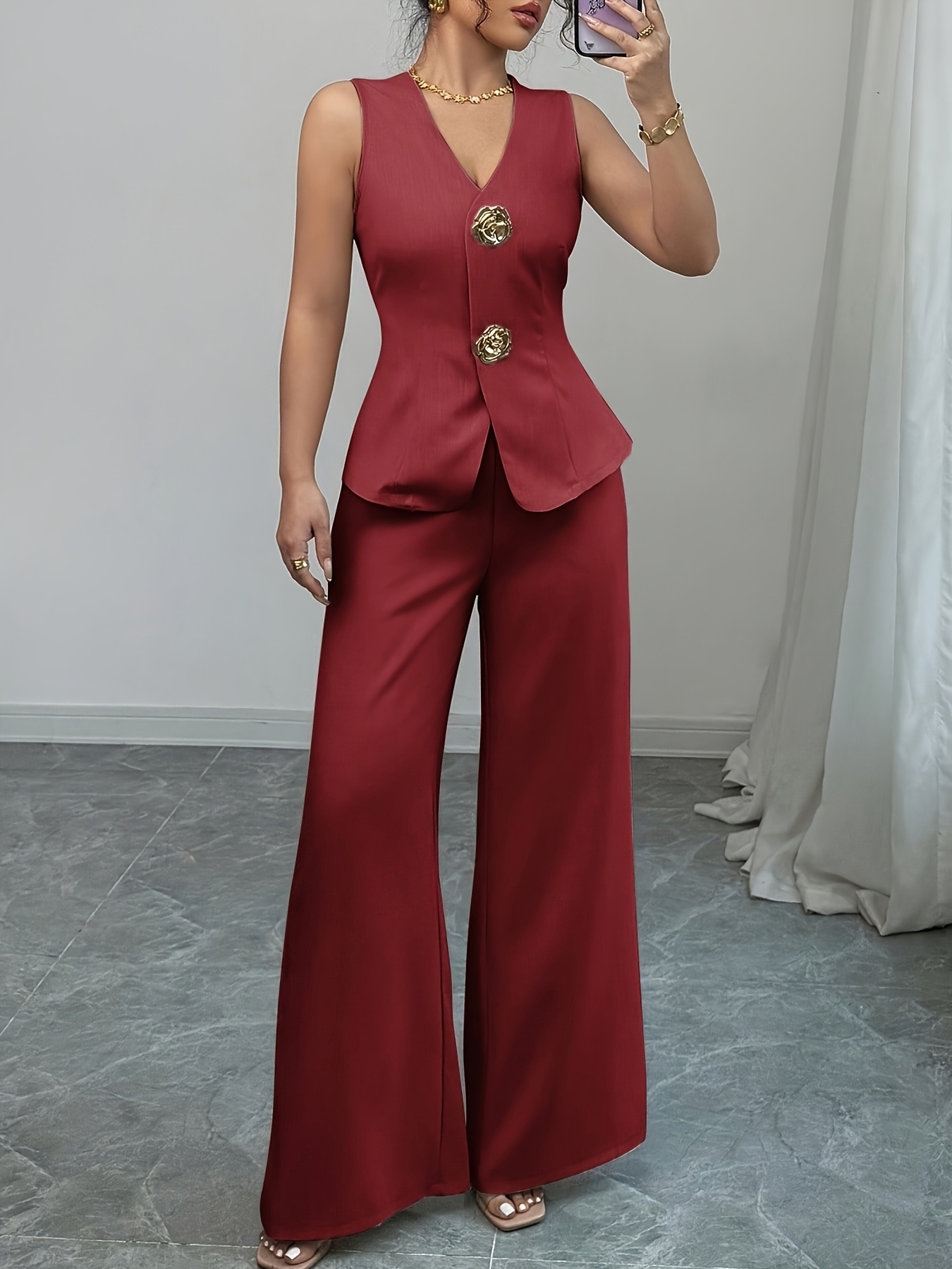 Casual Two Pieces Suit With Long Top & Matching Trouser,Women's Comfortable Solid V-Neck Slit Hem Shirt Wide-Leg Pants Set. (S, Dark Blue
