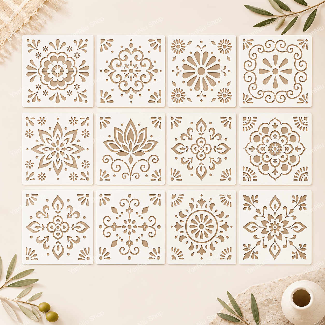 TEMU 12pcs (12pcs) Stencils Reusable Pet Plastic Greek Key & Wall Patterns Suitable For Tile Painting, Greek Fret Designs, Suitable For Home Decor,