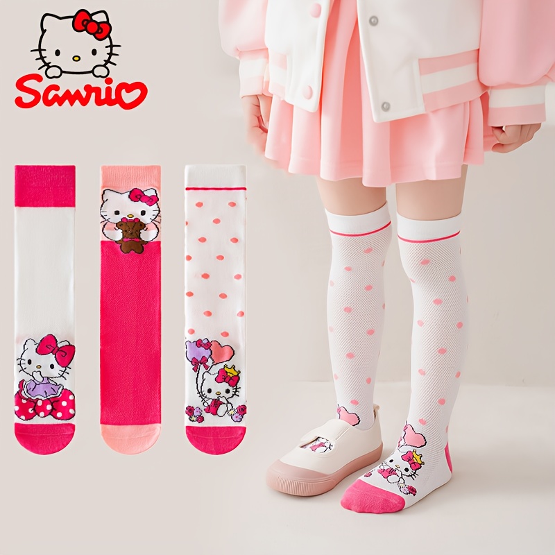 Image of Authorized Set Of 3 Pairs Of Hello Kitty Series Spring And Summer Girls' Calf Socks/over-the-knee Socks, Which Little Beautiful At Parties