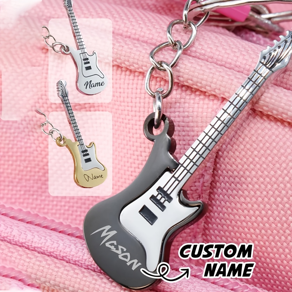 TEMU Personalized Guitar Keychain, Custom Name Mini Guitar Key Chain, Music Lovers Gift, Black Silvery Golden