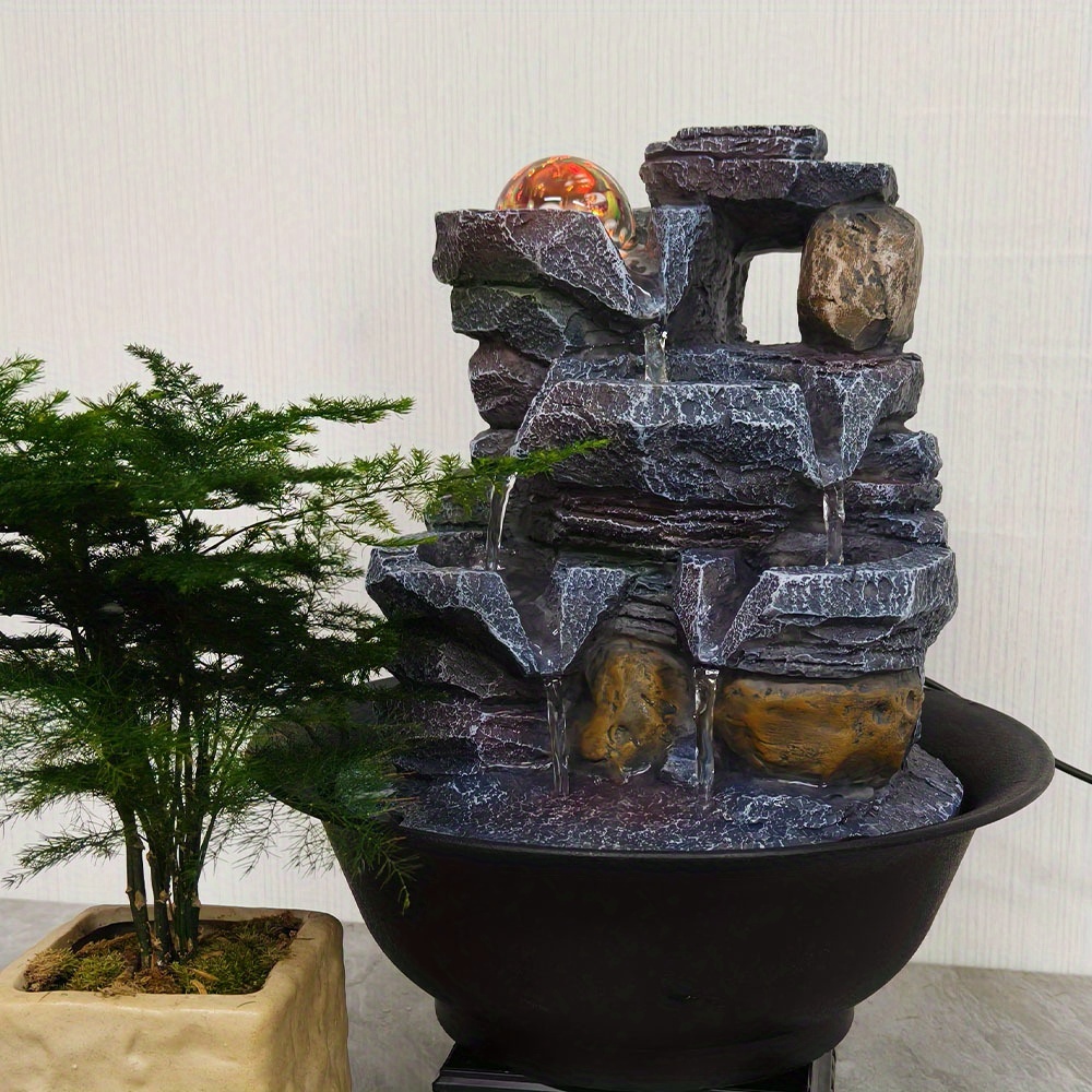 TEMU Tabletop Fountain Rotating Ball Rock Waterfall Fountain Office For Home Office Decor Includes Many Natural River Rocks Decorated With Colorful Lights And Rolling Ball