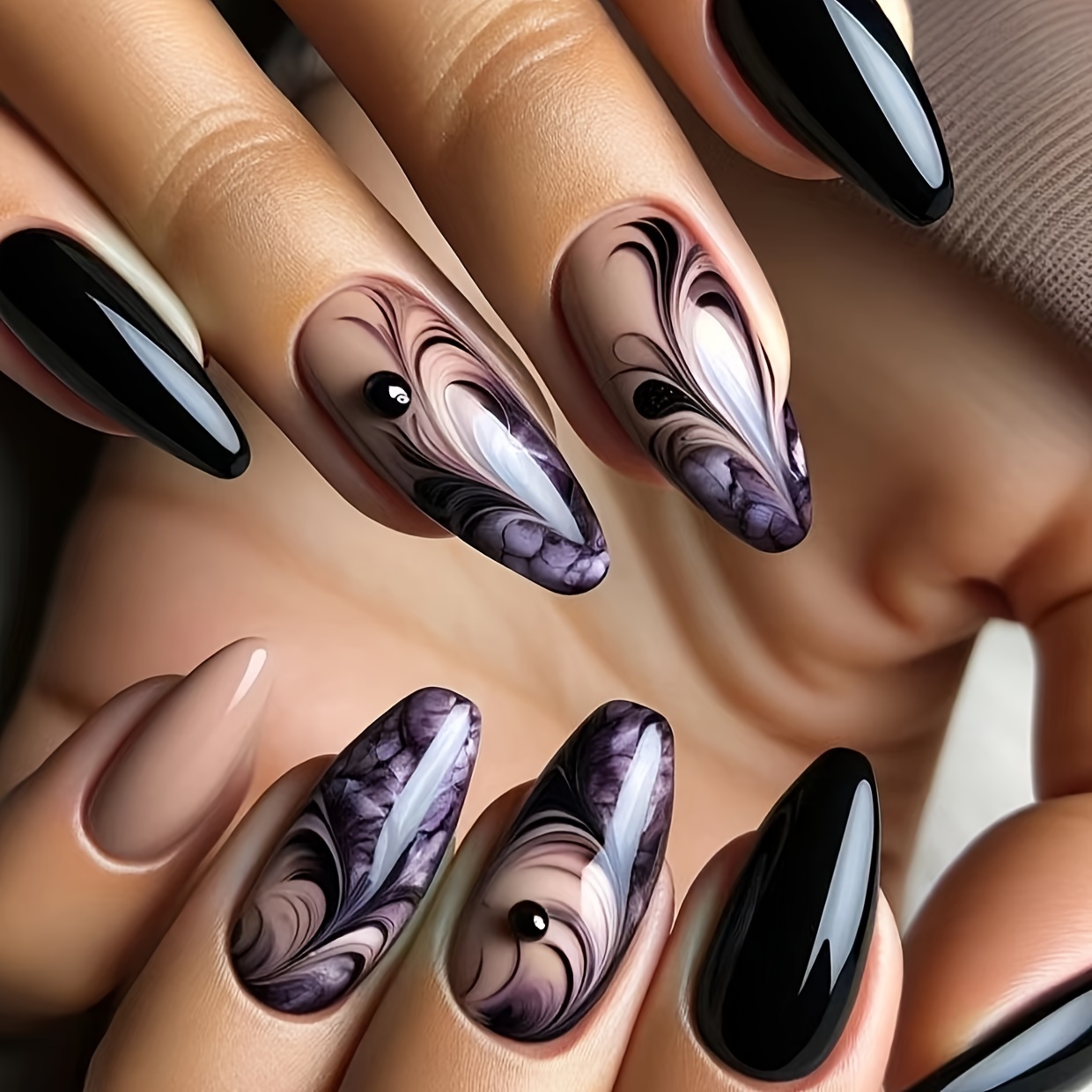 

24-piece Set Almond Shaped Nail Tips With Striped And Aura Patterns, Glossy Finish, Medium Length - Elegant Black And Purple Tones