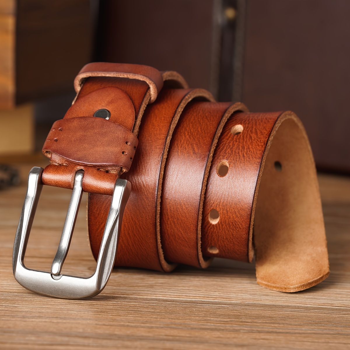 Image of Vintage Genuine Leather Belt, Square Pin Waist Strap Belt - Unisex Adjustable Casual Belt For Men And Women, Fashion Accessory