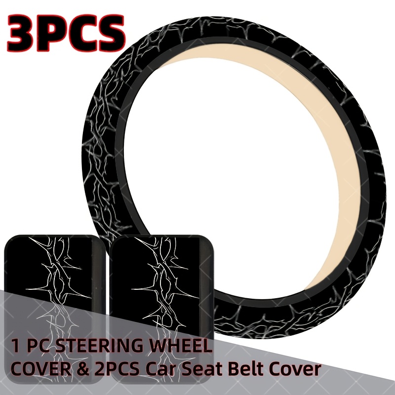 TEMU 3pcs Steering Wheel Cover & Seat Belt Pads Suitable For Most Car, Thorn Vine Pattern With Minimalist Art, Car (1 Wheel Cover + 2 Shoulder