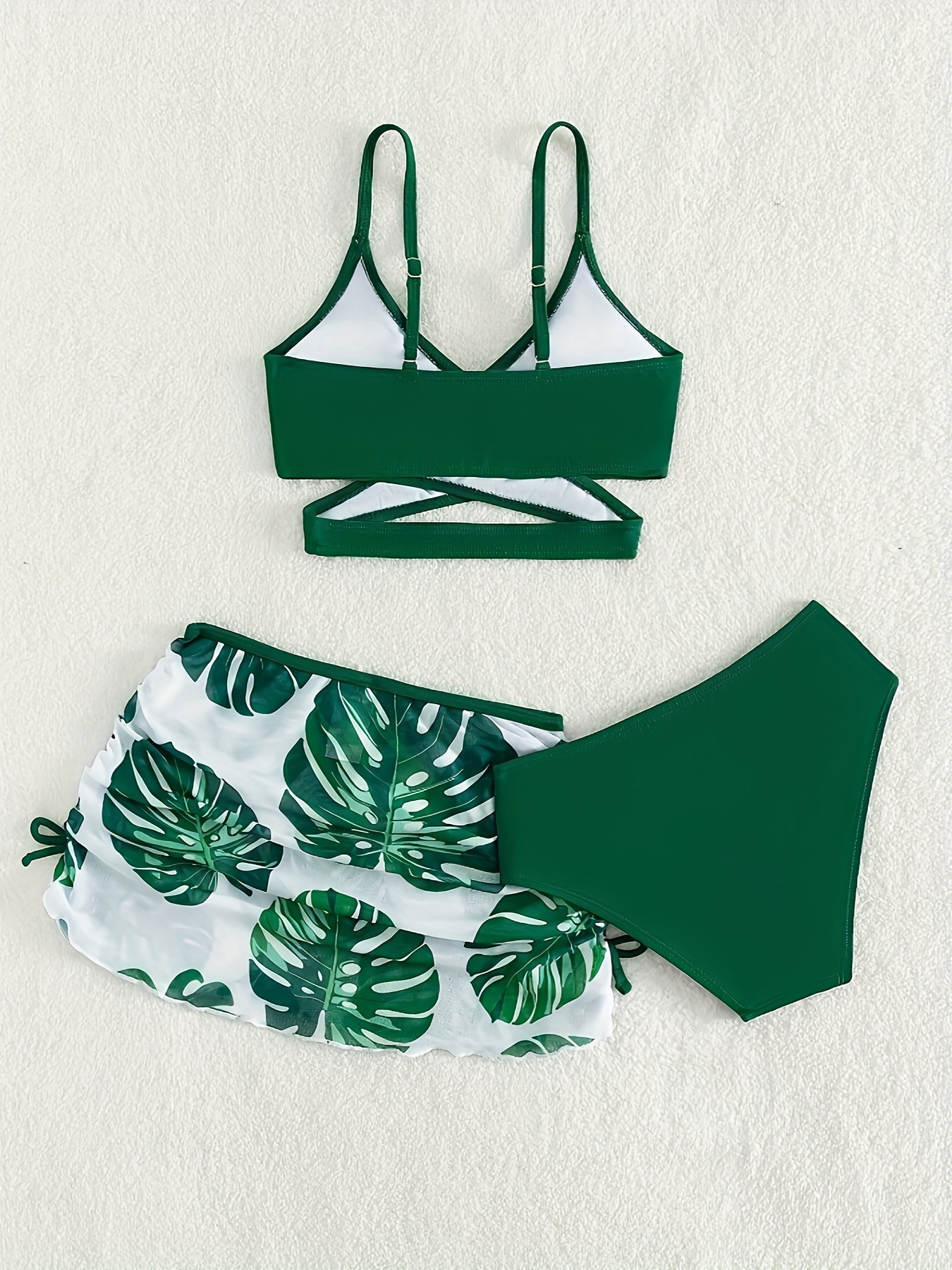 womens vacay swimwear set leaf print high cut bikini with cross strap top cover up skirt summer beachwear