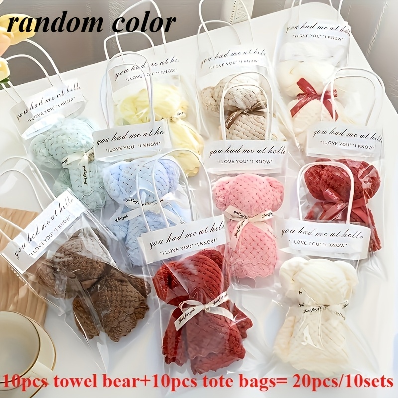 Image of 20pcs/10 Set Random Color Bear Towel Gift Set, Teddy Bear Towel Souvenir Gift With Transparent Bag - Perfect As Christmas, Thanksgiving, Wedding, Birthday Gift