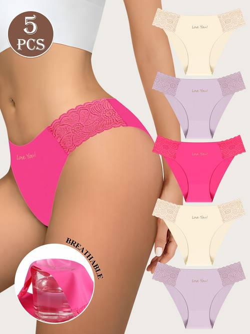 5pcs 5pcs pack womens low bikini panties seamless underwear suitable for daily wear lace trim sticker design sticker application lightweight breathable multi color solid colors low briefs